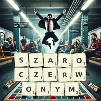 Kreatywna ilustracja do gry w Scrabble ze słowem SZAROCZERWONYM ułożonym z płytek na planszy.