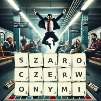 Kreatywna ilustracja do gry w Scrabble ze słowem SZAROCZERWONYMI ułożonym z płytek na planszy.