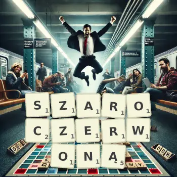 Kreatywna ilustracja do gry w Scrabble ze słowem SZAROCZERWONĄ ułożonym z płytek na planszy.