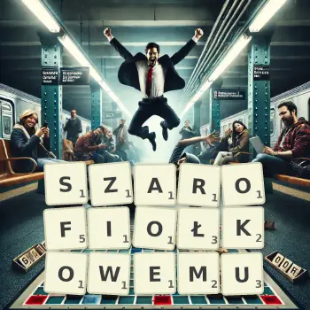 Kreatywna ilustracja do gry w Scrabble ze słowem SZAROFIOŁKOWEMU ułożonym z płytek na planszy.