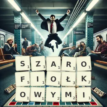 Kreatywna ilustracja do gry w Scrabble ze słowem SZAROFIOŁKOWYMI ułożonym z płytek na planszy.