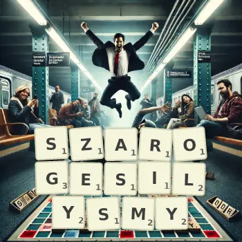 Kreatywna ilustracja do gry w Scrabble ze słowem SZAROGESILYSMY ułożonym z płytek na planszy.