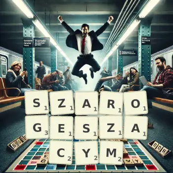 Kreatywna ilustracja do gry w Scrabble ze słowem SZAROGESZACYM ułożonym z płytek na planszy.