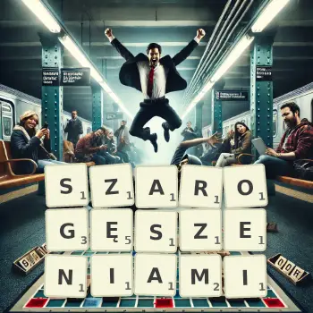 Kreatywna ilustracja do gry w Scrabble ze słowem SZAROGĘSZENIAMI ułożonym z płytek na planszy.