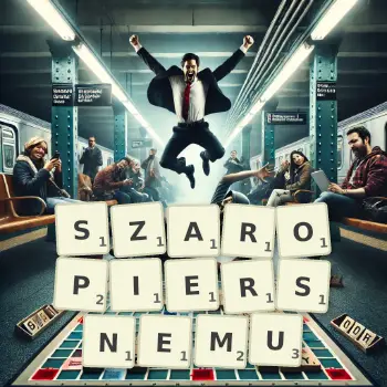 Kreatywna ilustracja do gry w Scrabble ze słowem SZAROPIERSNEMU ułożonym z płytek na planszy.