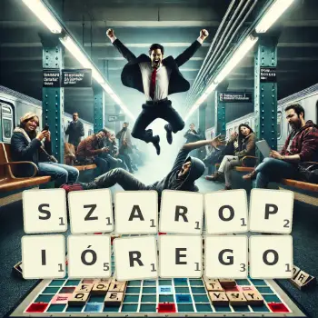 Kreatywna ilustracja do gry w Scrabble ze słowem SZAROPIÓREGO ułożonym z płytek na planszy.