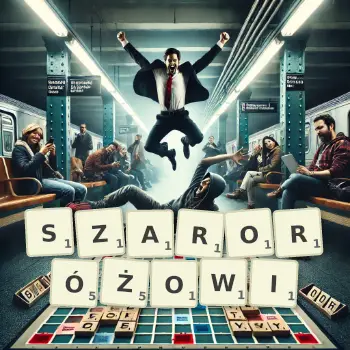 Kreatywna ilustracja do gry w Scrabble ze słowem SZARORÓŻOWI ułożonym z płytek na planszy.