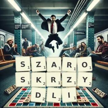 Kreatywna ilustracja do gry w Scrabble ze słowem SZAROSKRZYDLI ułożonym z płytek na planszy.
