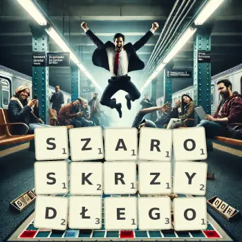 Kreatywna ilustracja do gry w Scrabble ze słowem SZAROSKRZYDŁEGO ułożonym z płytek na planszy.