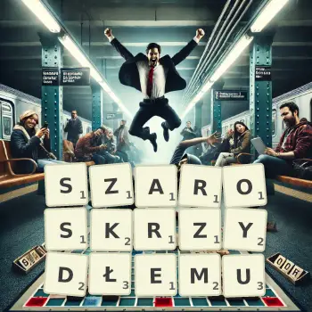 Kreatywna ilustracja do gry w Scrabble ze słowem SZAROSKRZYDŁEMU ułożonym z płytek na planszy.