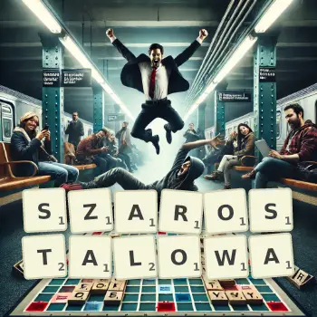 Kreatywna ilustracja do gry w Scrabble ze słowem SZAROSTALOWA ułożonym z płytek na planszy.