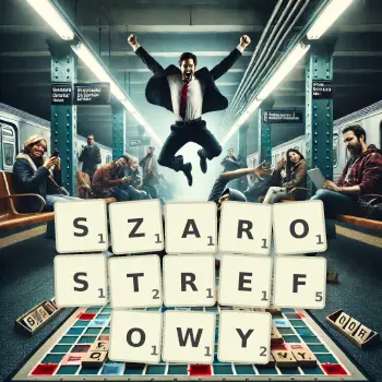 Kreatywna ilustracja do gry w Scrabble ze słowem SZAROSTREFOWY ułożonym z płytek na planszy.