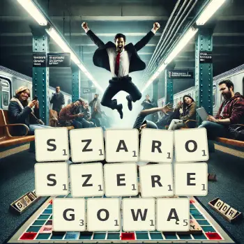 Kreatywna ilustracja do gry w Scrabble ze słowem SZAROSZEREGOWĄ ułożonym z płytek na planszy.
