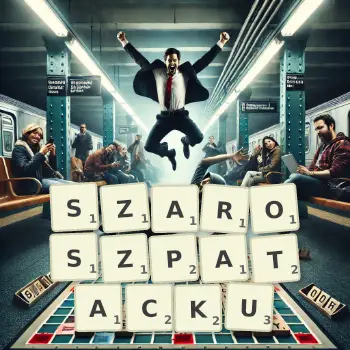Kreatywna ilustracja do gry w Scrabble ze słowem SZAROSZPATACKU ułożonym z płytek na planszy.