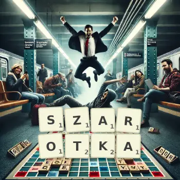 Kreatywna ilustracja do gry w Scrabble ze słowem SZAROTKA ułożonym z płytek na planszy.