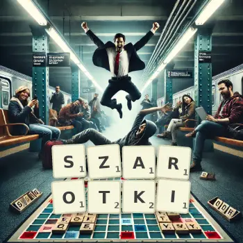 Kreatywna ilustracja do gry w Scrabble ze słowem SZAROTKI ułożonym z płytek na planszy.