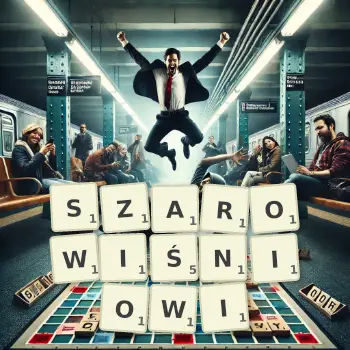 Kreatywna ilustracja do gry w Scrabble ze słowem SZAROWIŚNIOWI ułożonym z płytek na planszy.