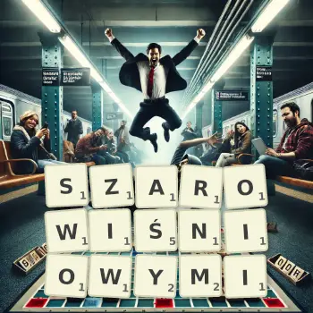 Kreatywna ilustracja do gry w Scrabble ze słowem SZAROWIŚNIOWYMI ułożonym z płytek na planszy.