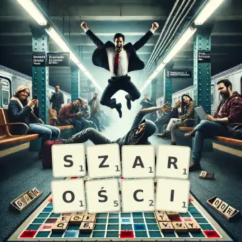 Kreatywna ilustracja do gry w Scrabble ze słowem SZAROŚCI ułożonym z płytek na planszy.
