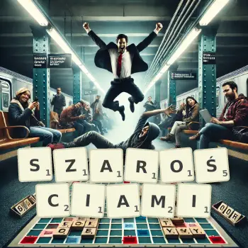 Kreatywna ilustracja do gry w Scrabble ze słowem SZAROŚCIAMI ułożonym z płytek na planszy.
