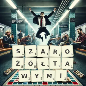 Kreatywna ilustracja do gry w Scrabble ze słowem SZAROŻÓŁTAWYMI ułożonym z płytek na planszy.