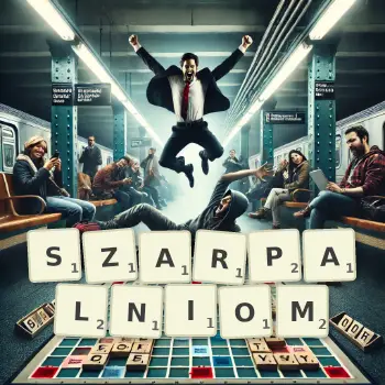 Kreatywna ilustracja do gry w Scrabble ze słowem SZARPALNIOM ułożonym z płytek na planszy.