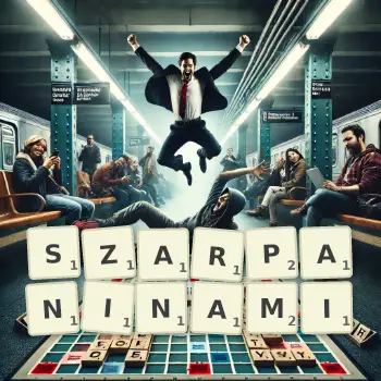 Kreatywna ilustracja do gry w Scrabble ze słowem SZARPANINAMI ułożonym z płytek na planszy.