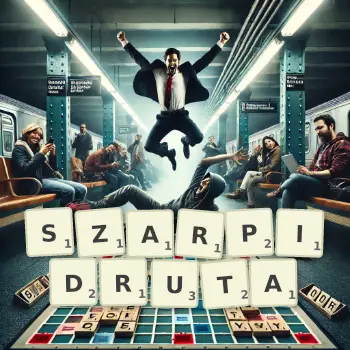 Kreatywna ilustracja do gry w Scrabble ze słowem SZARPIDRUTA ułożonym z płytek na planszy.