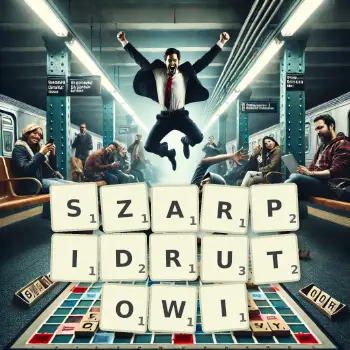 Kreatywna ilustracja do gry w Scrabble ze słowem SZARPIDRUTOWI ułożonym z płytek na planszy.