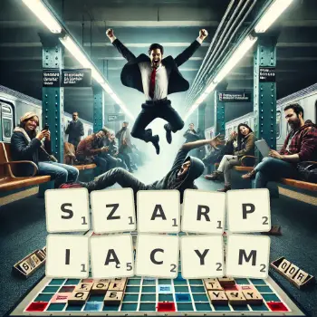 Kreatywna ilustracja do gry w Scrabble ze słowem SZARPIĄCYM ułożonym z płytek na planszy.