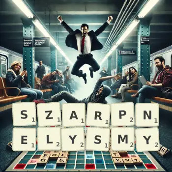 Kreatywna ilustracja do gry w Scrabble ze słowem SZARPNELYSMY ułożonym z płytek na planszy.