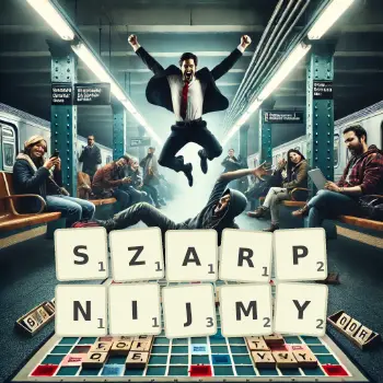 Kreatywna ilustracja do gry w Scrabble ze słowem SZARPNIJMY ułożonym z płytek na planszy.
