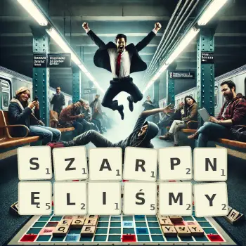 Kreatywna ilustracja do gry w Scrabble ze słowem SZARPNĘLIŚMY ułożonym z płytek na planszy.