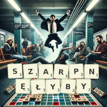 Kreatywna ilustracja do gry w Scrabble ze słowem SZARPNĘŁYBY ułożonym z płytek na planszy.