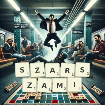 Kreatywna ilustracja do gry w Scrabble ze słowem SZARSZAMI ułożonym z płytek na planszy.