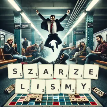 Kreatywna ilustracja do gry w Scrabble ze słowem SZARZELISMY ułożonym z płytek na planszy.