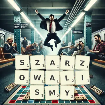 Kreatywna ilustracja do gry w Scrabble ze słowem SZARZOWALISMY ułożonym z płytek na planszy.