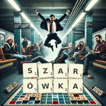 Kreatywna ilustracja do gry w Scrabble ze słowem SZARÓWKA ułożonym z płytek na planszy.
