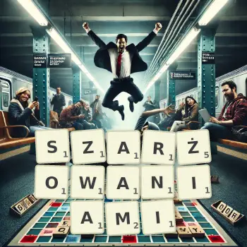 Kreatywna ilustracja do gry w Scrabble ze słowem SZARŻOWANIAMI ułożonym z płytek na planszy.