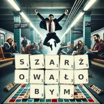 Kreatywna ilustracja do gry w Scrabble ze słowem SZARŻOWAŁOBYM ułożonym z płytek na planszy.