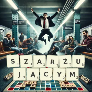 Kreatywna ilustracja do gry w Scrabble ze słowem SZARŻUJĄCYM ułożonym z płytek na planszy.