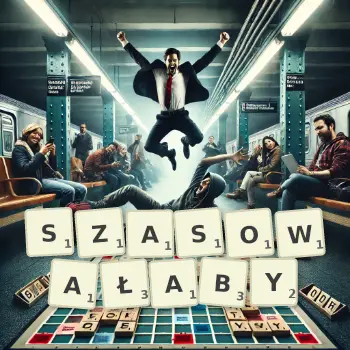 Kreatywna ilustracja do gry w Scrabble ze słowem SZASOWAŁABY ułożonym z płytek na planszy.