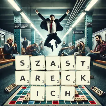 Kreatywna ilustracja do gry w Scrabble ze słowem SZASTARECKICH ułożonym z płytek na planszy.