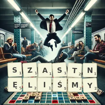 Kreatywna ilustracja do gry w Scrabble ze słowem SZASTNĘLIŚMY ułożonym z płytek na planszy.