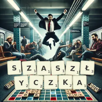 Kreatywna ilustracja do gry w Scrabble ze słowem SZASZŁYCZKA ułożonym z płytek na planszy.