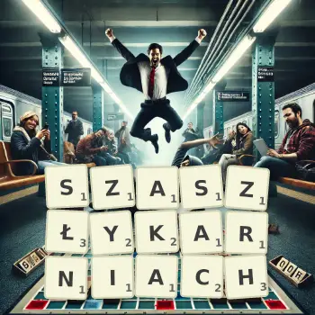 Kreatywna ilustracja do gry w Scrabble ze słowem SZASZŁYKARNIACH ułożonym z płytek na planszy.