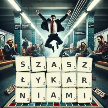 Kreatywna ilustracja do gry w Scrabble ze słowem SZASZŁYKARNIAMI ułożonym z płytek na planszy.
