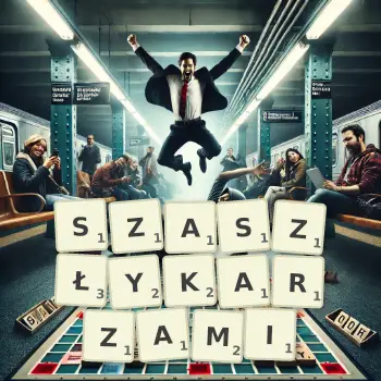 Kreatywna ilustracja do gry w Scrabble ze słowem SZASZŁYKARZAMI ułożonym z płytek na planszy.