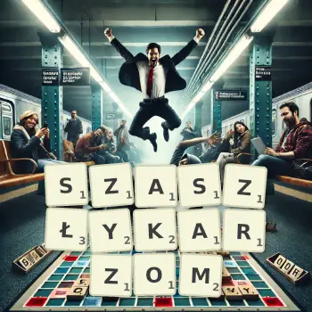 Kreatywna ilustracja do gry w Scrabble ze słowem SZASZŁYKARZOM ułożonym z płytek na planszy.