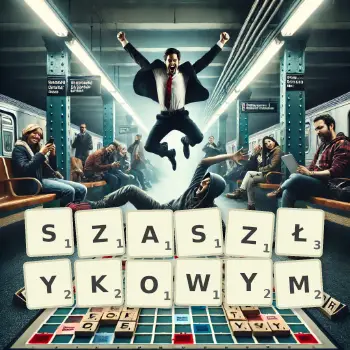 Kreatywna ilustracja do gry w Scrabble ze słowem SZASZŁYKOWYM ułożonym z płytek na planszy.